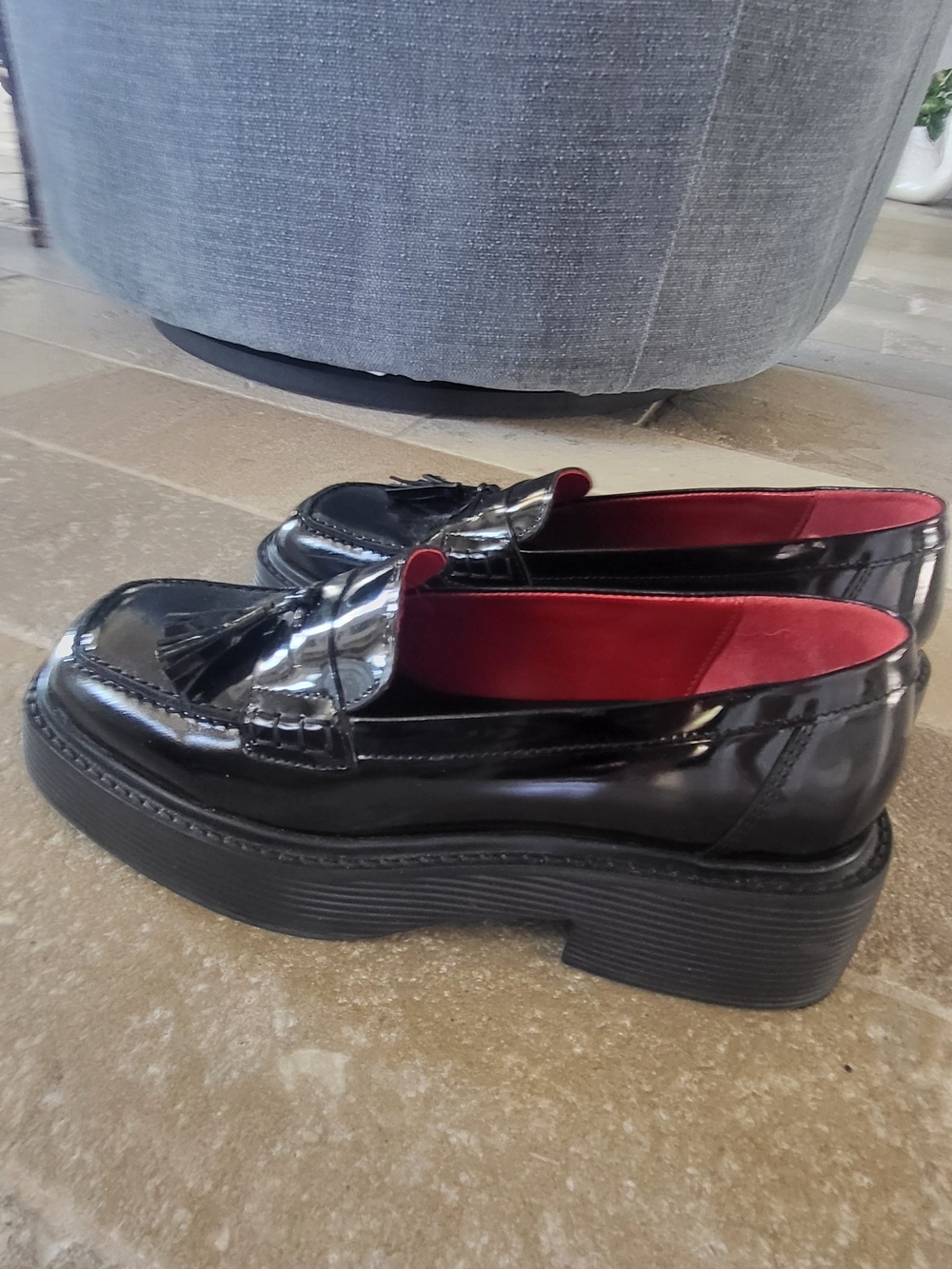 Black Patent Tassel Loafers with Red Interior - Women NWOT